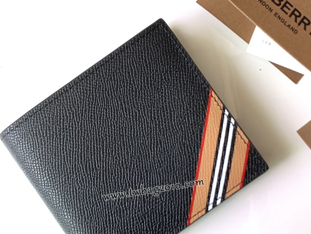 Burberry專門店新款黑色小牛皮男士短夾錢包 巴寶莉短夾條紋印花粒紋皮革雙折錢夾 yxb1026